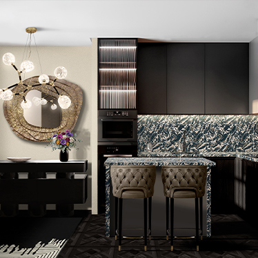 KANSAS COUNTER STOOL, SHINTO SIDEBOARD, KUMI II MIRROR, HORUS IRREGULAR SUSPENSION LIGHT